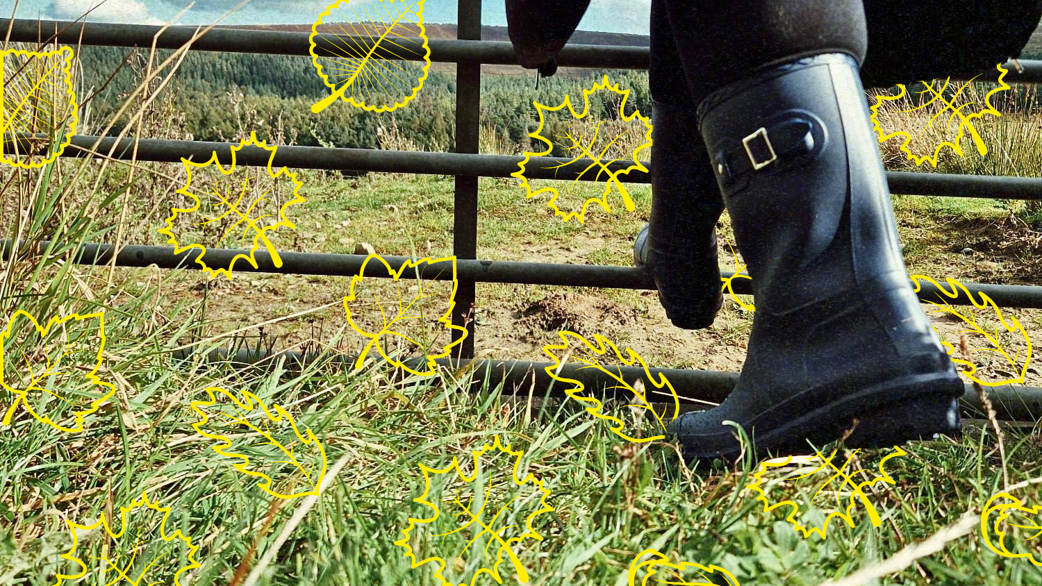 Person wearing black rain boots and a dark jacket standing in a grassy field with a metal gate.